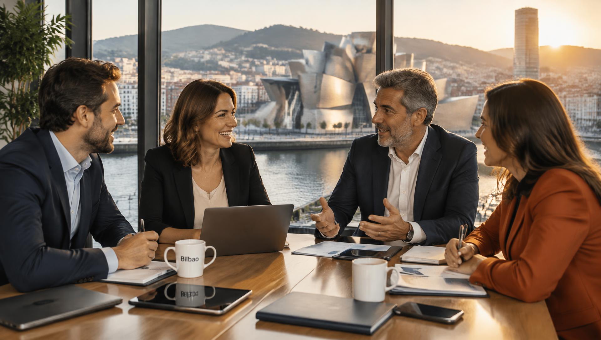 Profesionales conversando en una oficina con vistas a Bilbao y el Museo Guggenheim